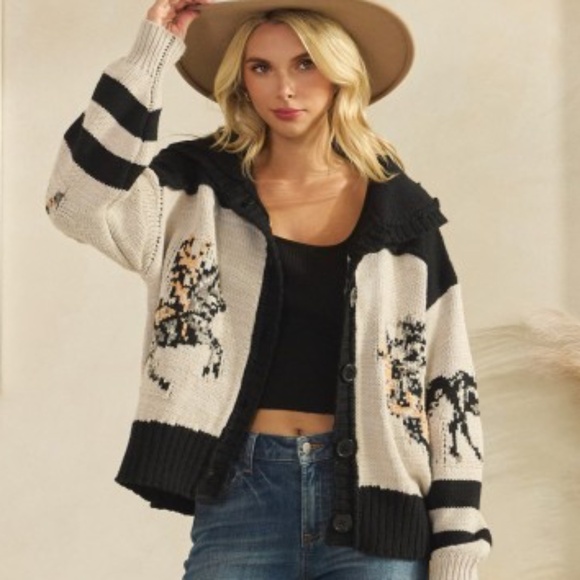 Veveret Sweaters - Cozy Horse Western Graphic Wide Collar Button Down Cardigan